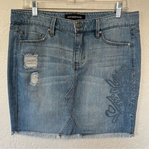 Liverpool Blue Chester Mended Godet Embroidered Floral Denim Mini Cutoff Skirt 6